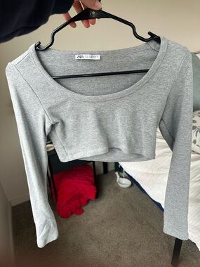 Zara Light Gray Long-Sleeve Cropped Scoop Neck Top